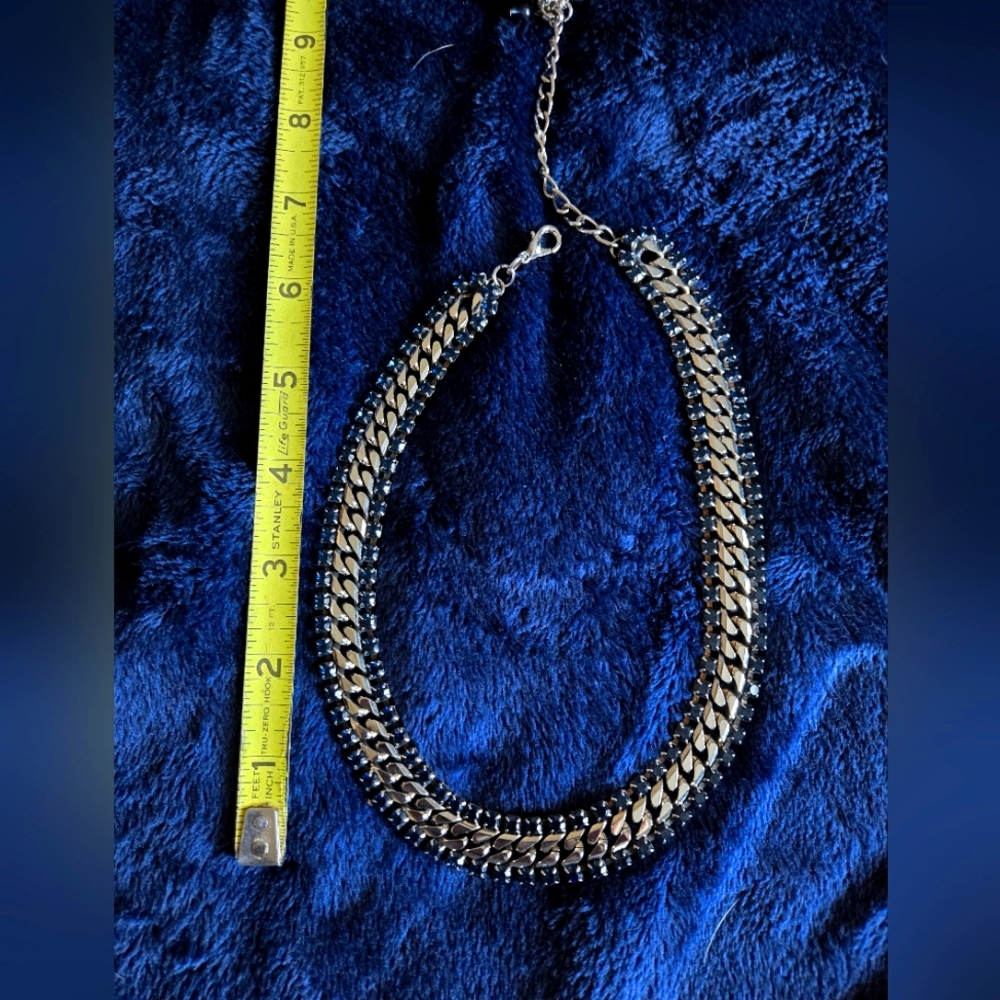 Choker style necklace,  blue crystals with silver metal snakestyle